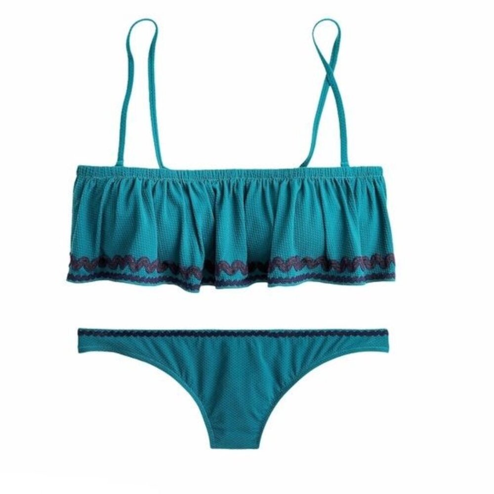 J. Crew Bandeau Ruffle Lowrider Bikini w/ Rickrack, Spicy Jade Size XL NWT